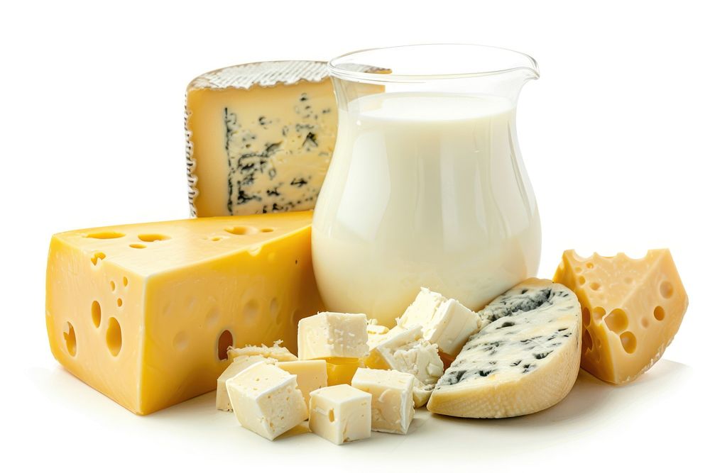 Cheese and milk products dairy assortment beverage.