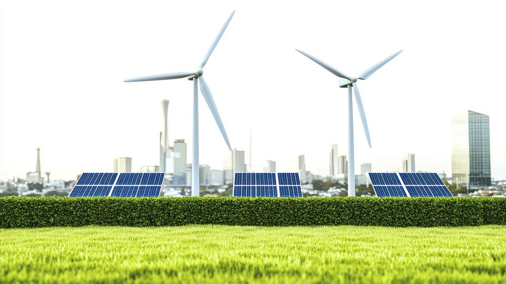 3 wind turbines modern panels grass.