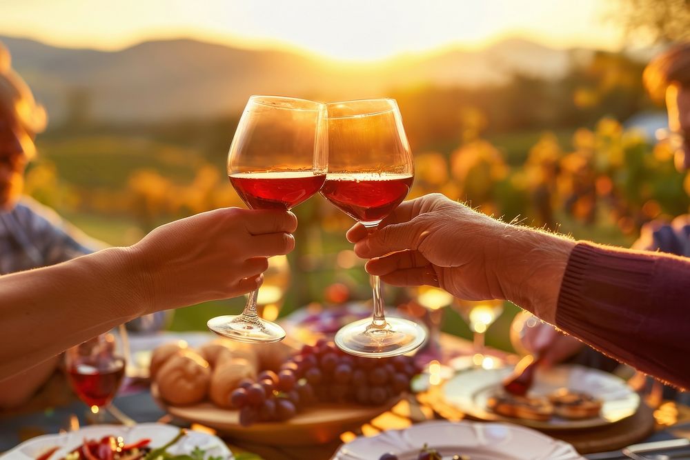 Outdoor vineyard dining table outdoors celebration glasses.