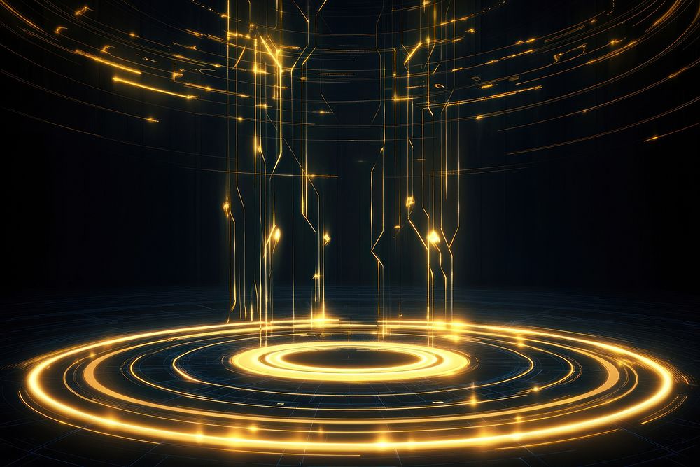 Futuristic minimalist glowing yellow rings and lines on a dark background light futuristic technology.