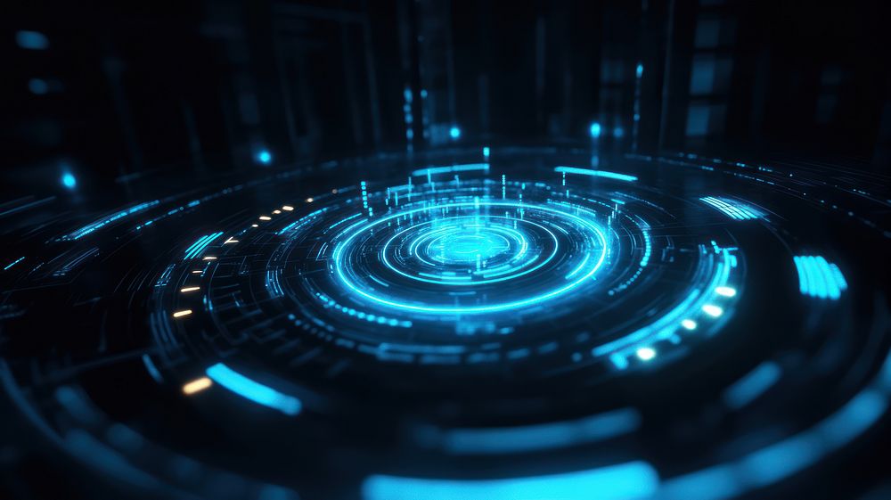 Futuristic minimalist glowing blue rings and lines on a dark background lights futuristic technology.