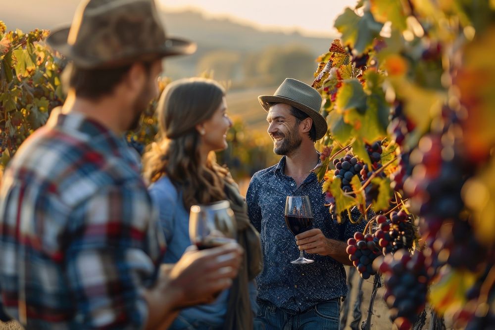 Happy people enjoying countryside outdoors vineyard.