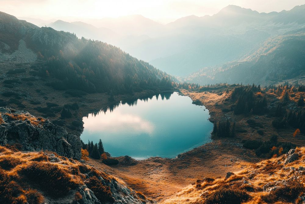 Green mountains with lake nature landscape outdoors.