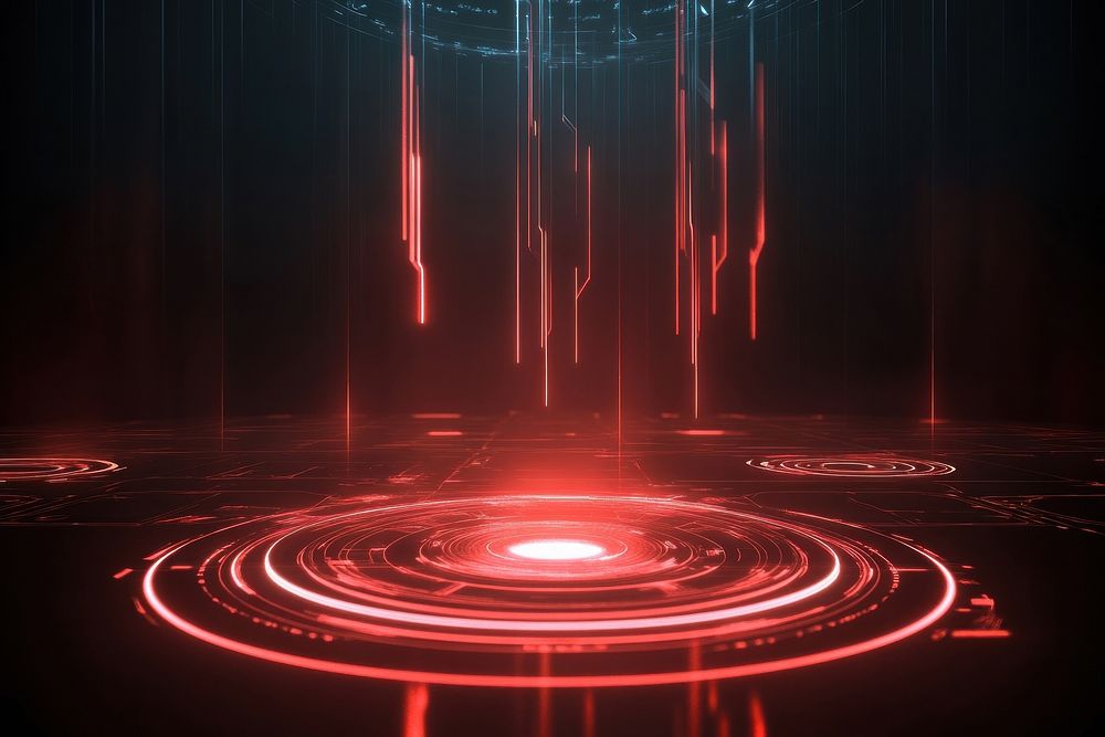 Futuristic minimalist glowing red rings and lines on a dark background lights futuristic technology.