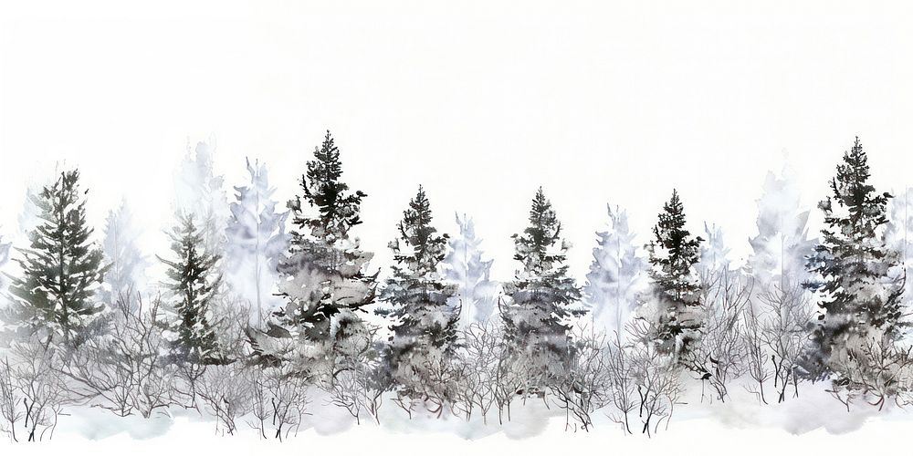 Winter trees watercolor horizontal illustration nature forest.