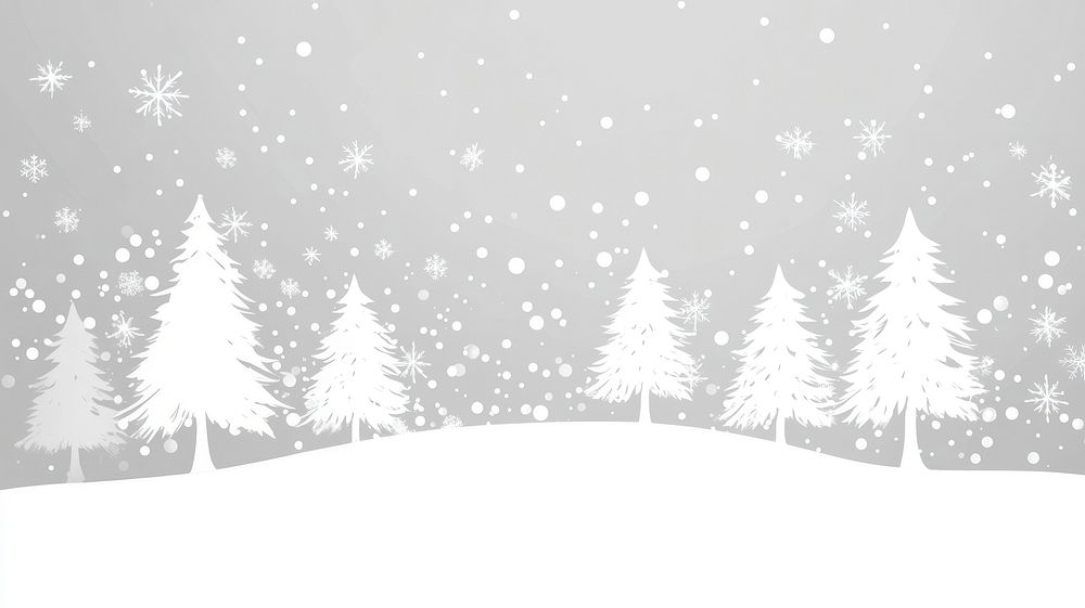 Snowy background with silhouettes of White Christmas trees and bokeh lights winter snow illustration.