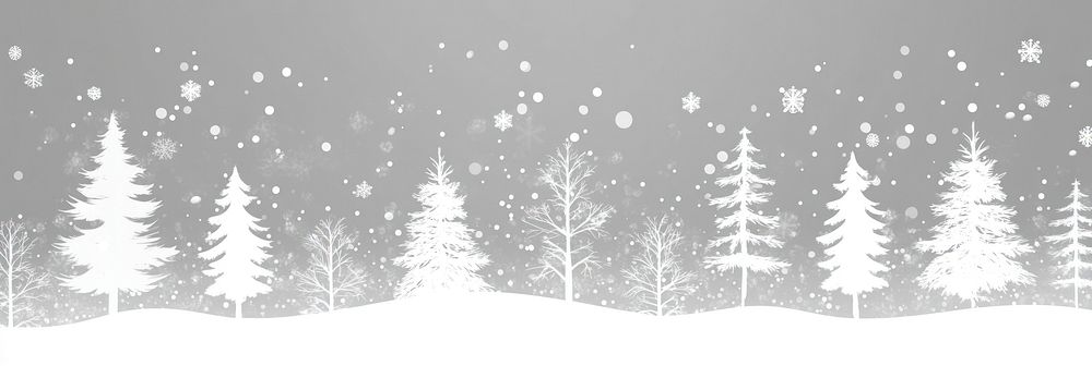 Snowy with silhouettes of White Christmas trees and bokeh lights winter snow illustration.