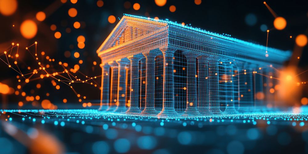 A digital holographic representation of a classical building visualization architecture technology.