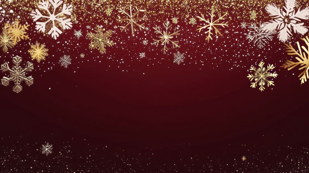 A luxurious dark red background with 3D gold and white snowflakes golden design decoration.