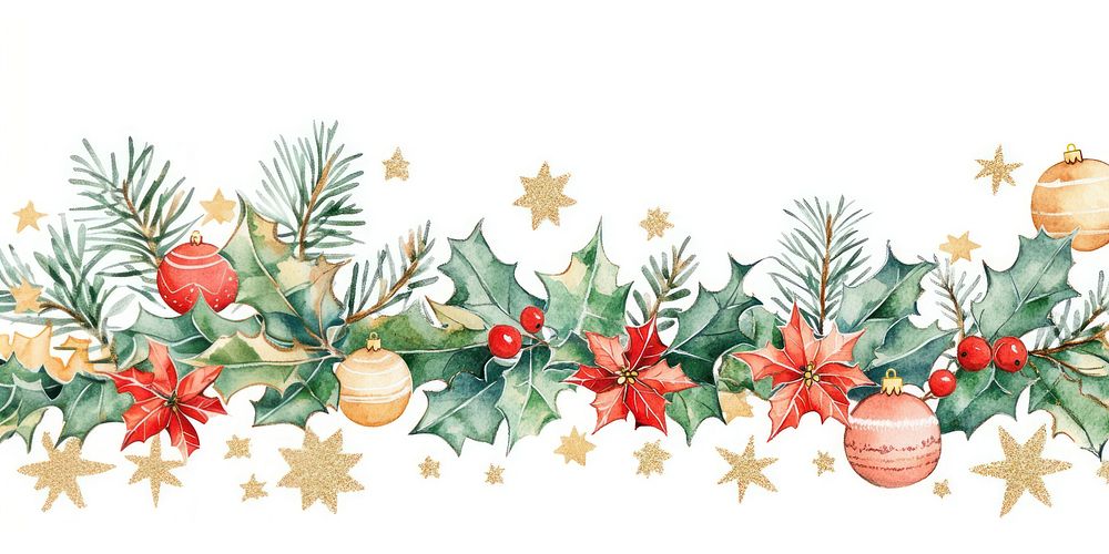 Watercolor holly border christmas leaves stars.