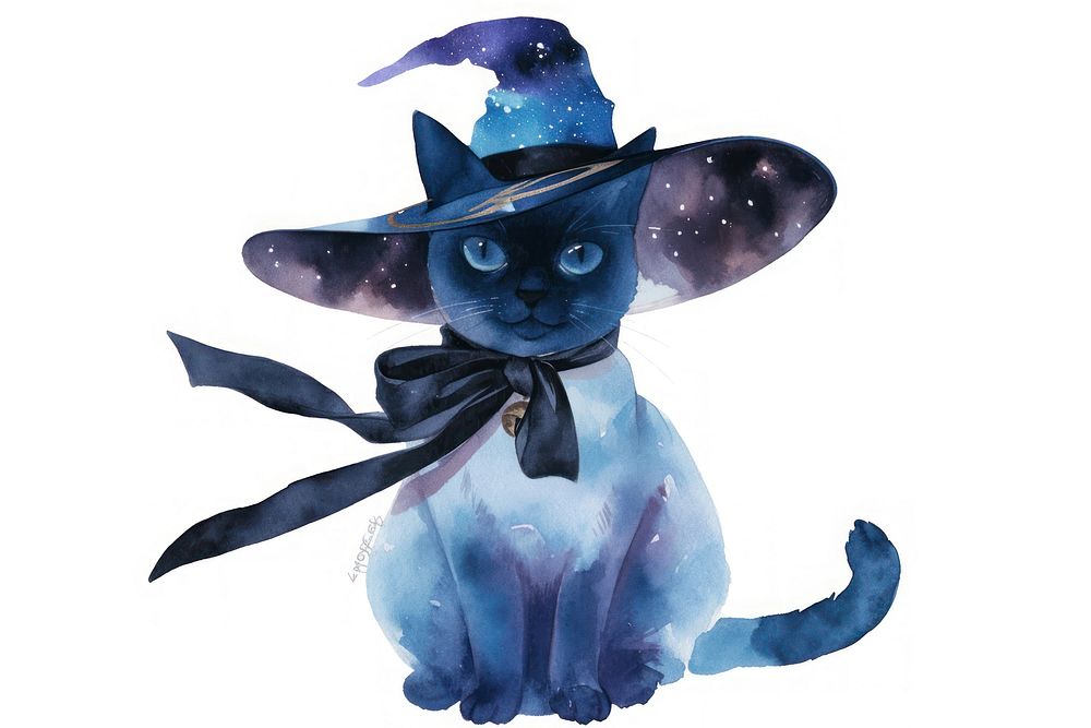 Blue magic cat witch illustration watercolor galaxy.