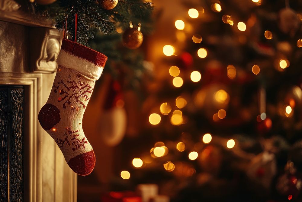 Christmas sock hanging fireplace stocking lights.