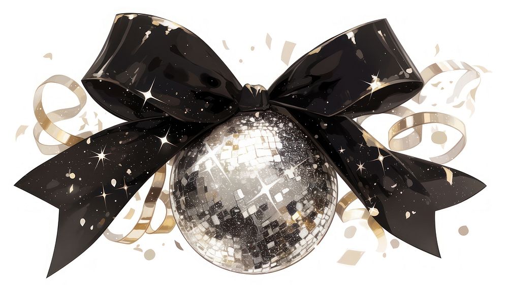 Coquette disco ball illustration ribbon black.