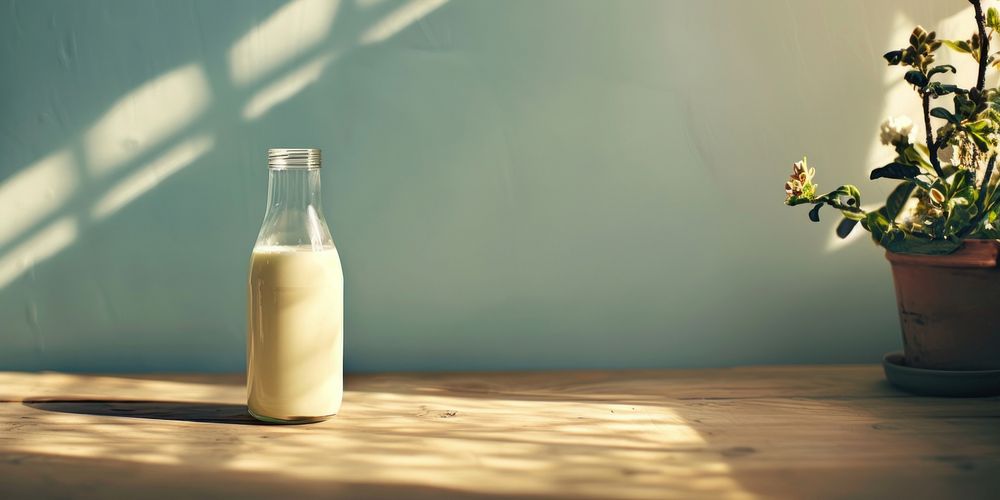 Bottle of milk on the wooden top drink plant glass.