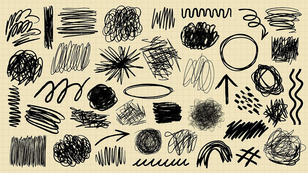 A collection of black ink scribble art illustration. Set of black ink scribble in various design illustrations. Illustration…