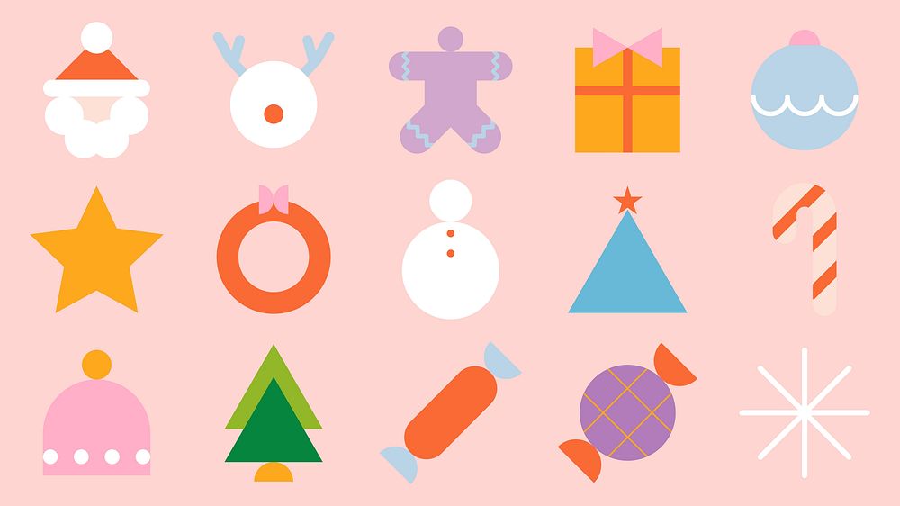 Flat vector style icons of Christmas elements in pastel colors. Flat vector design includes Santa, gifts, and candy on pink.…