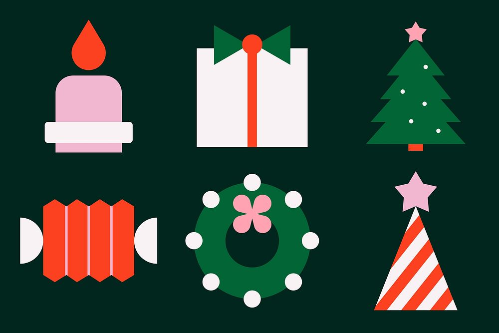 Flat vector with festive colors; includes candle, gift, tree, candy, wreath, and hat. Flat vector style for holiday concept.…