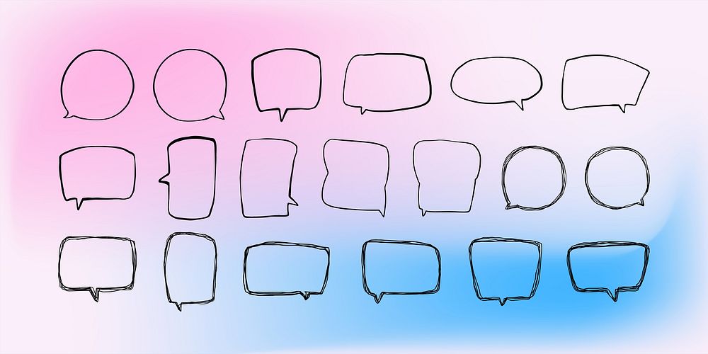 Set of simple lines hand drawn speech bubbles in various shapes gradient background. Set of simple of hand drawn speech…