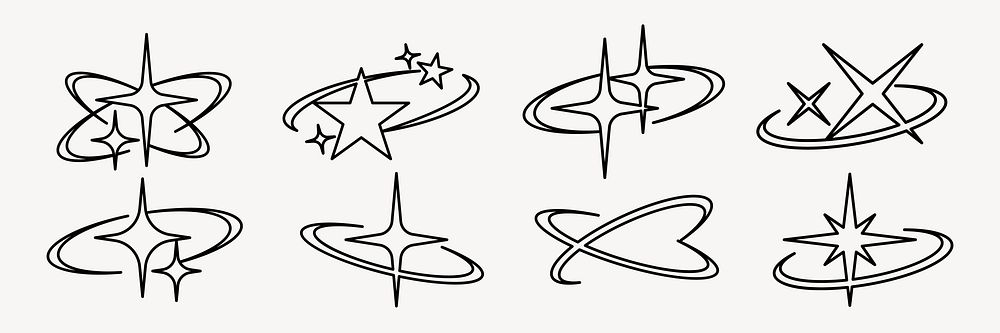 Star orbit set vector. Y2k star sparkle outline icon. Space cosmos galaxy star icons. Star sparkle outline icon. Y2K star…