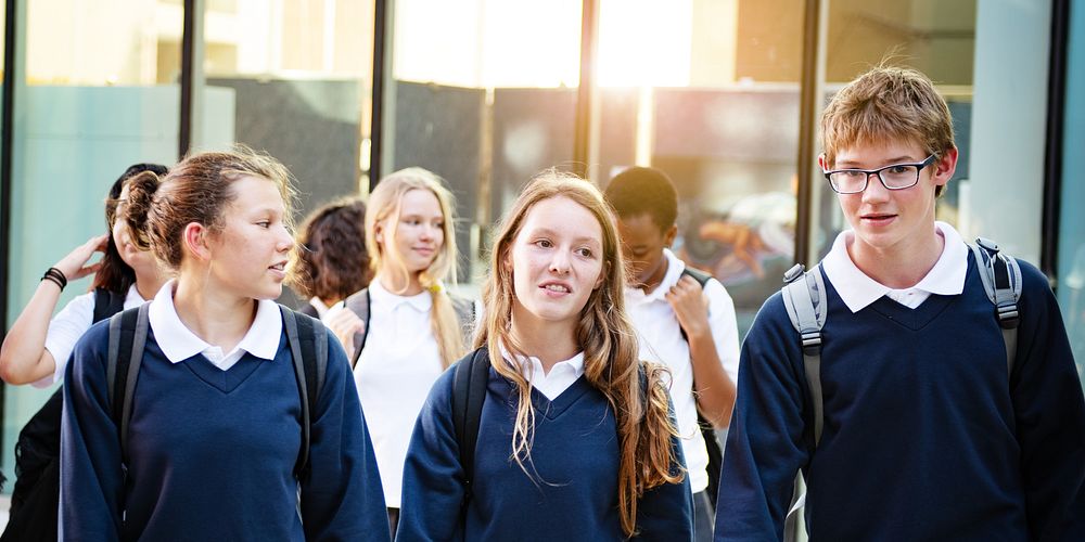 Group of teenagers, including boys and girls, in school uniforms. School uniforms worn by teenagers. Teenagers in school…