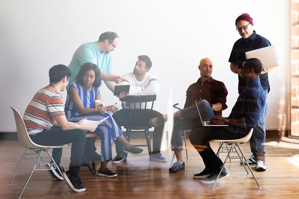 Diverse people in casual business meeting, collaborating group. Diverse group of people discussing ideas, business meeting…