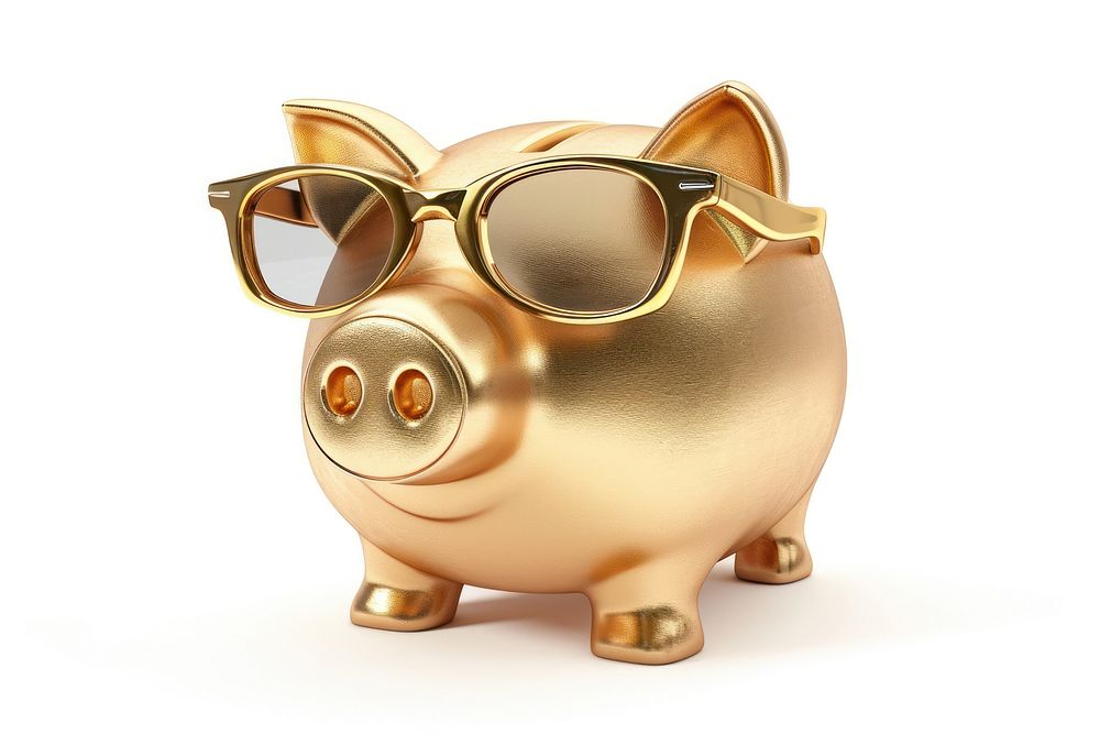 Piggy bank in fun glasses gold white background representation.
