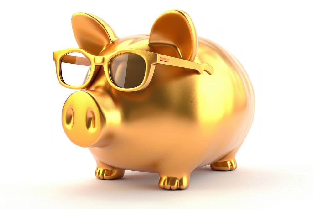 Piggy bank in fun glasses gold white background representation.
