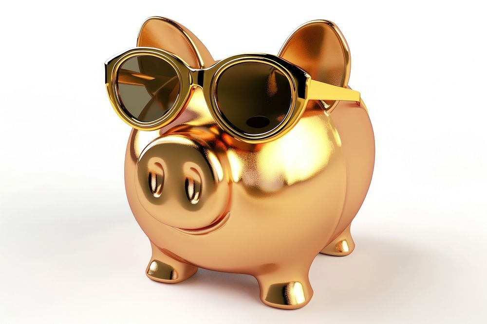 Piggy bank in fun glasses gold representation accessories.