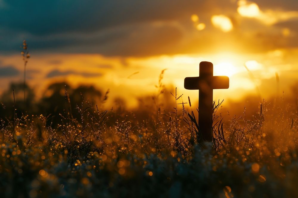 Christian cross in a field outdoors cemetery nature.