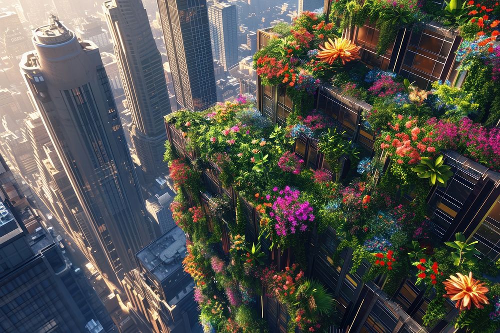 City with flowers growing out from building architecture metropolis skyscraper.