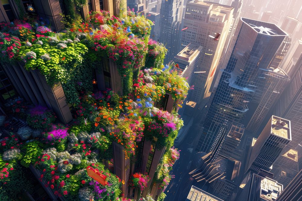 City with flowers growing out from building architecture metropolis cityscape.