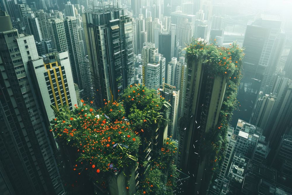 City with flowers growing out from building scene architecture metropolis skyscraper.