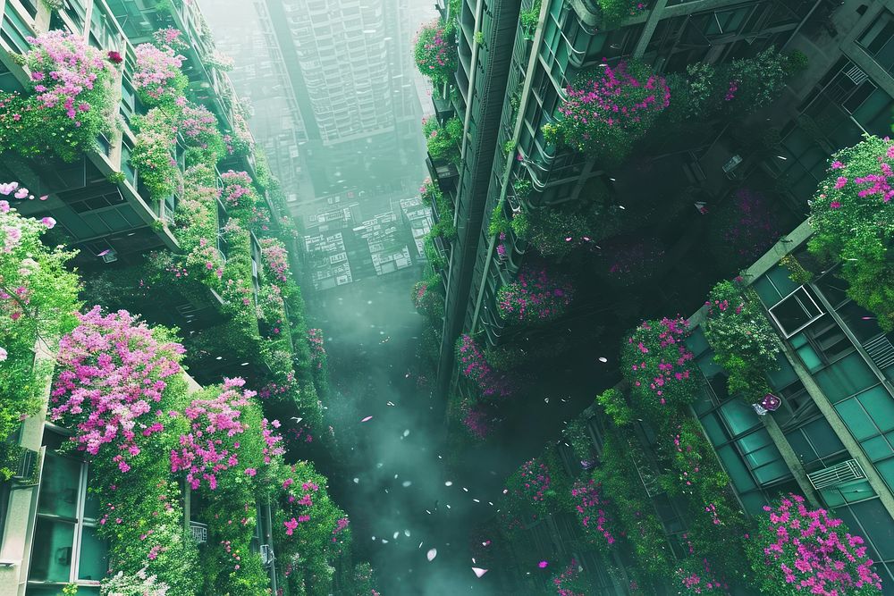City with flowers growing out from building scene architecture outdoors nature.