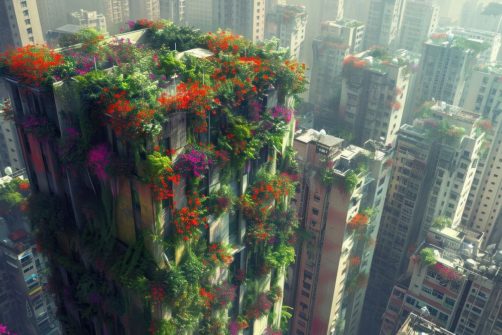 City with flowers growing out from building scene architecture metropolis cityscape.
