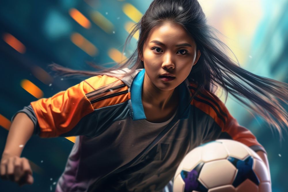 Asian woman playing soccer football portrait sports.