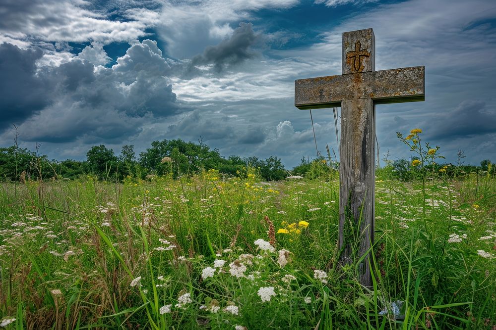 Cross in a field cross outdoors cemetery.