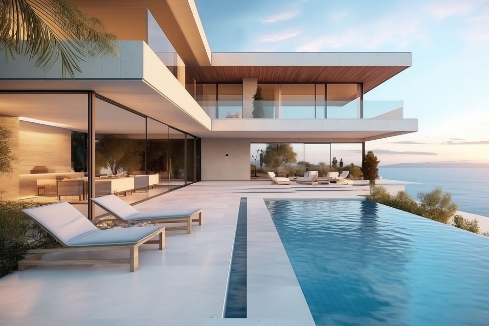 Modern home with a pool architecture building outdoors.