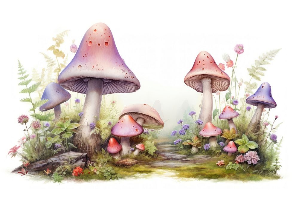 Magical mushrooms painting nature fungus.