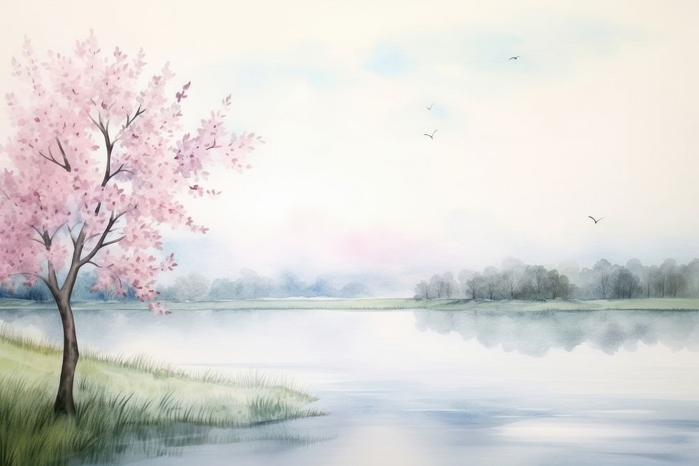Spring lake landscape painting nature.