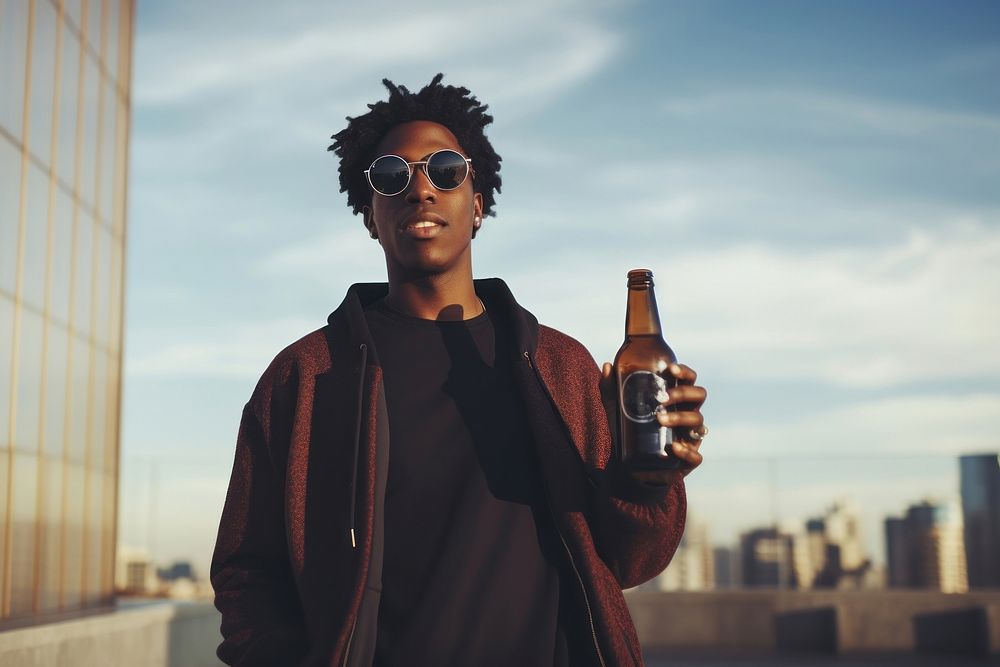 Young stylish black sunglasses bottle beer. AI generated Image by rawpixel.