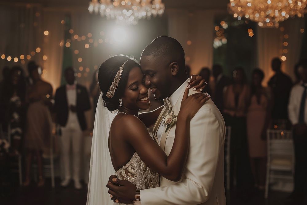 Black couple having their first dance at their wedding bride adult love.