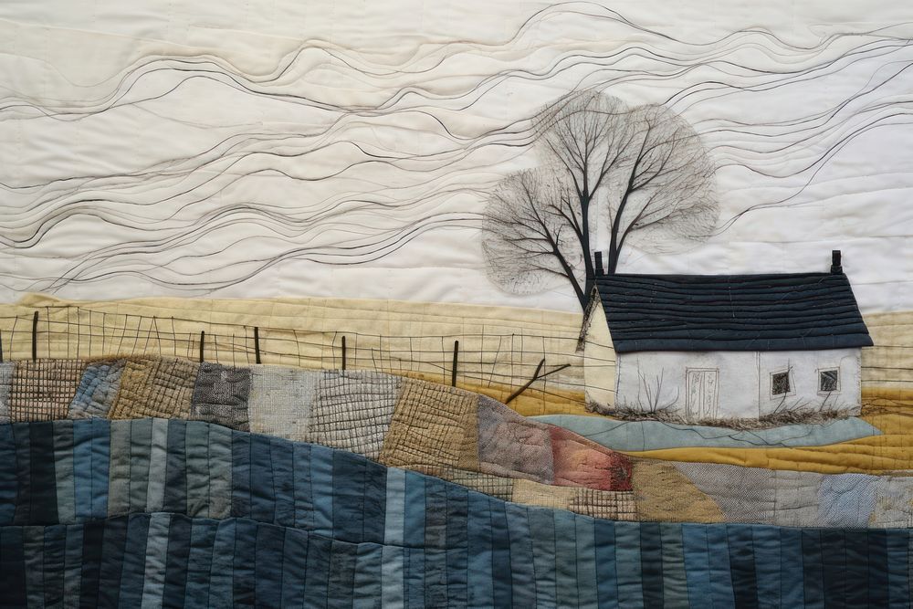 Cosy home in winter landscape painting quilt.