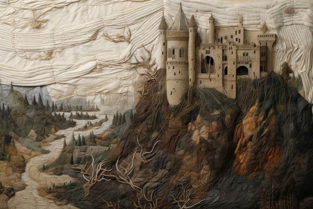 Medieval castle landscape outdoors painting.
