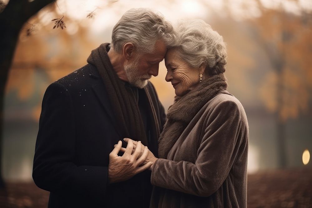 Aesthetic Photography elderly couple hugging adult contemplation.