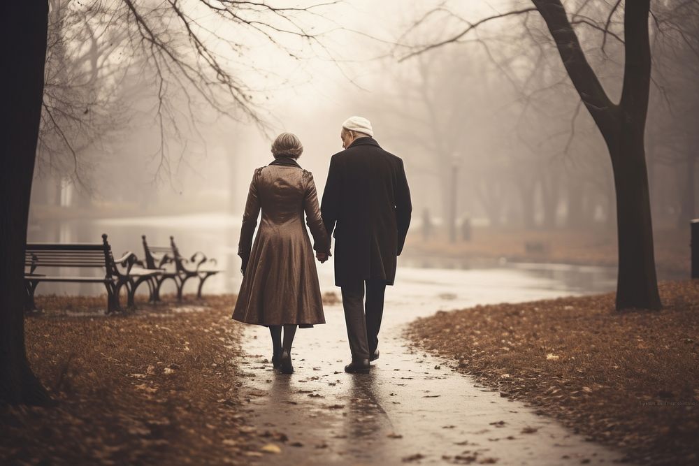 Aesthetic Photography elderly couple walking adult coat.