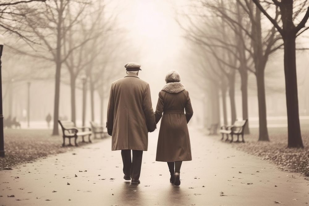 Aesthetic Photography elderly couple walking overcoat adult.