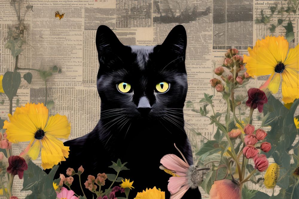 Black cat with flower border animal mammal plant.