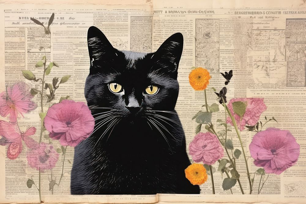 Black cat with flower border animal mammal plant.