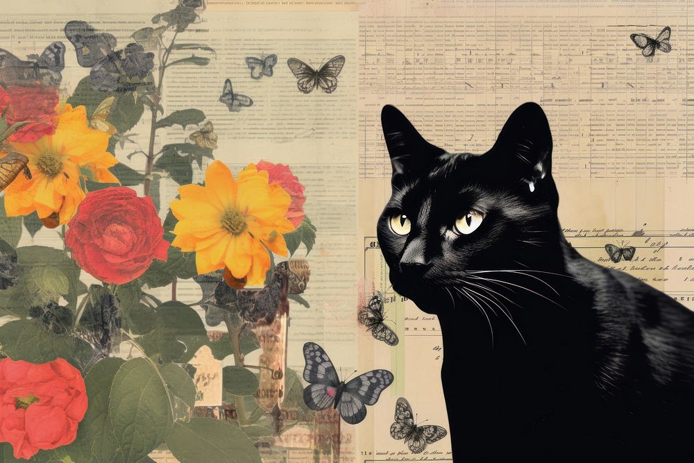 Black cat with flower border animal mammal plant.