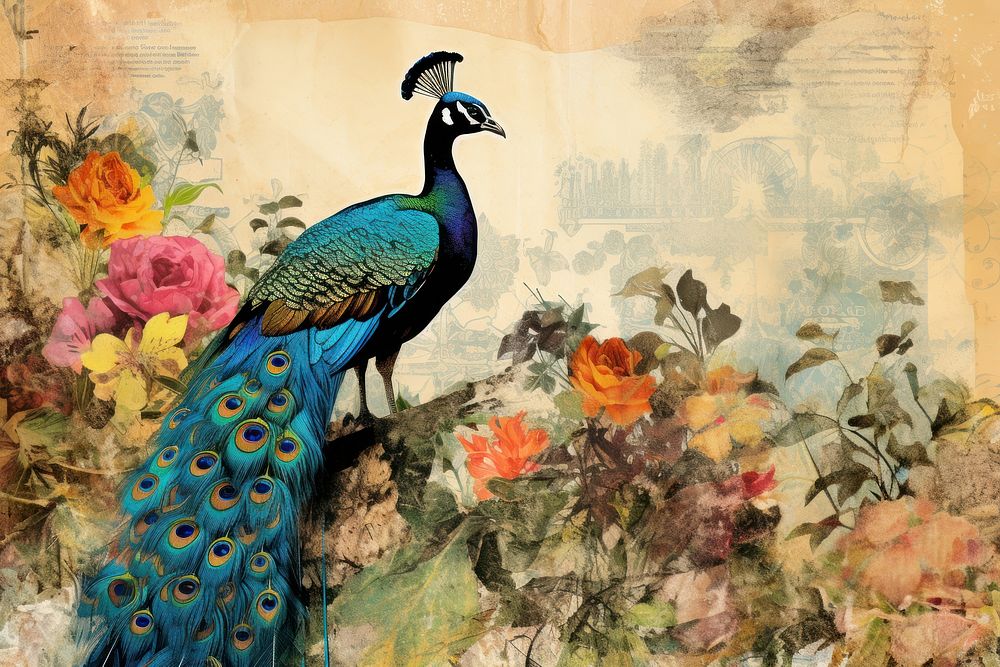 Peacock with tropical leaf border peacock painting animal.